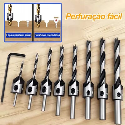 Kit Jogo Broca Escariadora 8 Peças Madeira Aço HSS 3 a 10mm