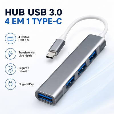 Hub USB-C 4 em 1 com 4 Portas USB 3.0 5Gbps