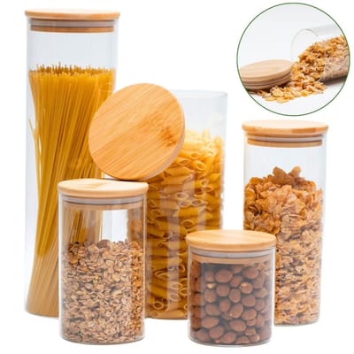 5 Potes de Vidro Hermético Tampa Bambu