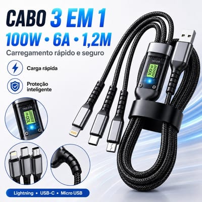Cabo Carregador 3 em 1 100W Type-C Lightning Micro USB
