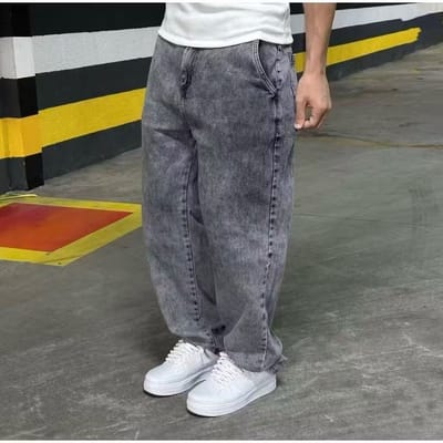 Calça Balão Jeans Baggy Masculina Boca Larga Grafite