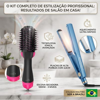 Kit Escova Rotativa Secador e Chapinha 2 em 1