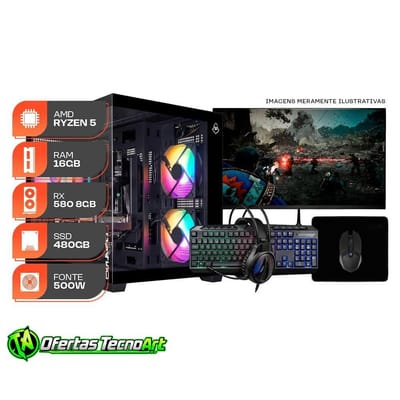 PC Gamer Ryzen 5 5500, RX 580 8GB, 16GB, Monitor Curvo 180Hz