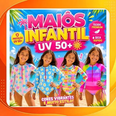 Maiô Infantil Manga Longa UV com Zíper para Natação