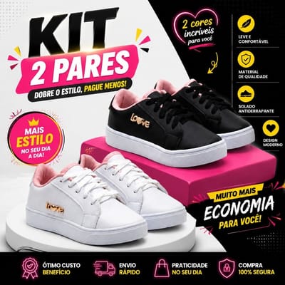 Kit 2 Pares Sapato Infantil Menina Cadarço Sola Leve