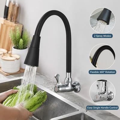 Torneira Cozinha Parede Preta Flexível Duplo Jato