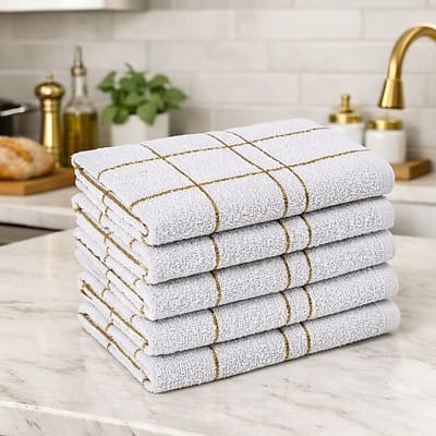 Kit 5 Panos de Prato Xadrez Branco com Dourado Laune Haus