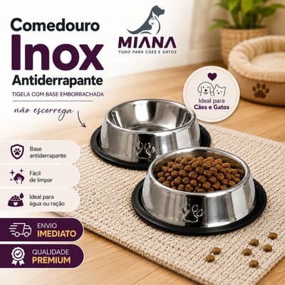 Kit 2 Comedouro Inox Antiderrapante para Pets