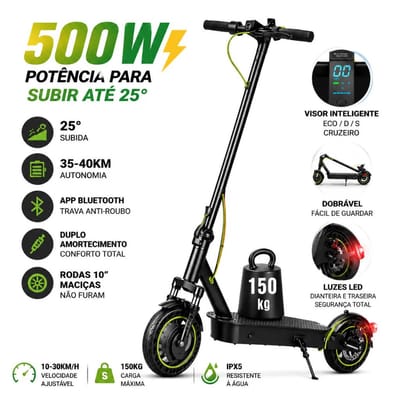 Patinete Scooter Elétrico 500W Dobrável com Bluetooth
