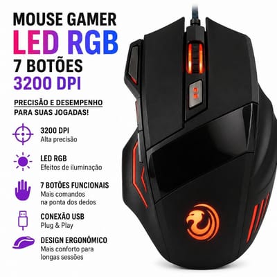 Mouse Gamer Iluminado LED RGB 7 Botões 3200 DPI