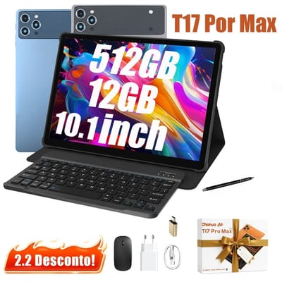 Tablet T17 PRO MAX 10.1" 12GB RAM 512GB Android 14 com mouse, teclado e case