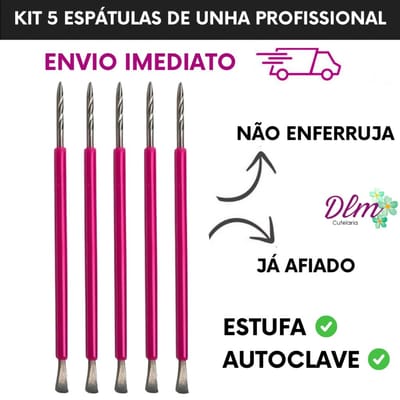 Kit 05 Espátulas Inox Rosa com Silicone Manicure Slim