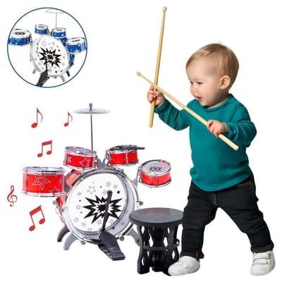 Mini Bateria Infantil com Prato Tambor e Baqueta