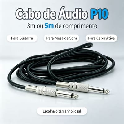 Cabo de Áudio P10 Mono 3/5 Metros para Instrumentos Musicais