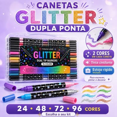 Kit Canetas Glitter Dupla Ponta 24 a 96 Cores com Estojo
