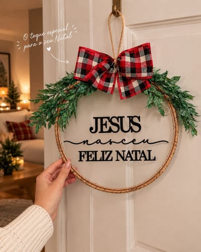 Natal - Guirlanda Decorativa Porta ou Parede - Jesus Nasceu + Feliz Natal 25cm