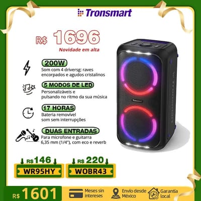 Tronsmart Caixa de Som Halo 260, caixa de som bluetooth Potente e Grande, com 200W, Entradas para Microfone/Guitarra, Modos LED Personalizados, 17 Horas de Reprodução, FESTAS, CHURRASCOS E KARAOKÊ