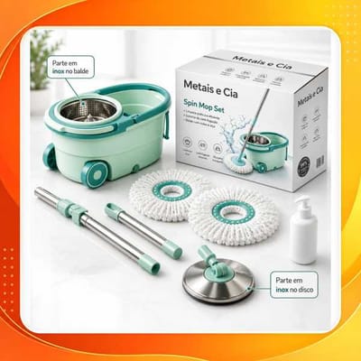 Spin Mop Giratório Balde Esfregão 360° Inox Com Rodinhas 2 Refis Cabo Ajustável Dosador