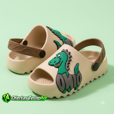 Sandália Slide Infantil Menino Dino Dinossauro 3D Bege