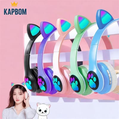 Fone de Ouvido Bluetooth Orelha de Gato RGB LED 5.3 Headset Gamer com Microfone Infantil - Kapbom KA-910