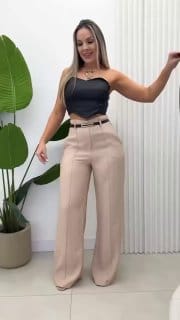 Calça Pantalona Feminina Alfaiataria Premium Social Com Cinto Luxo