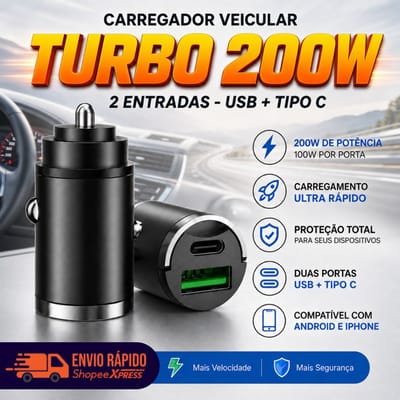 Carregador Veicular Turbo 200W USB Tipo C