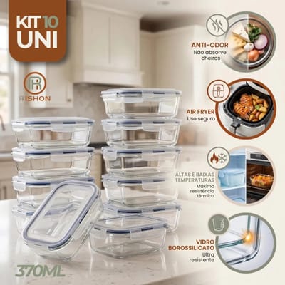 Kit com 10 Potes de Vidro Herméticos 370ml para Marmita, Freezer e Fitness – Rishon