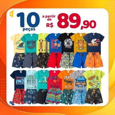 Kit 10 Peças Roupa Infantil Menino Verão, 5 Bermudas + 5 Camisetas