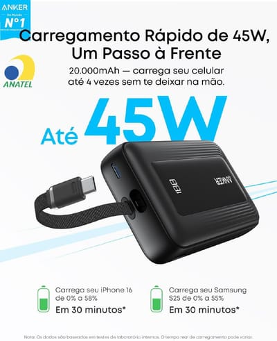 Anker Zolo Power Bank 20.000mAh Turbo 45W, Carregador Portátil | Cabo USB-C Integrado, USB-C e USB-A, Carregamento Rápido para 18/17/16/15, Samsung, Xiaomi, Motorola, MacBook, iPad, Tablet