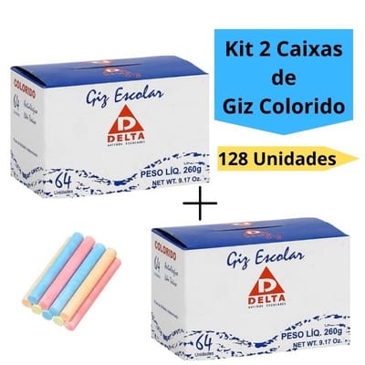 Kit 2 Caixas de Giz Colorido Escolar Quadro Verde Negro 128 unidades