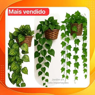 Arranjo c/ 3 Trepadeira Folha de HERA + Vaso Trançado Marrom