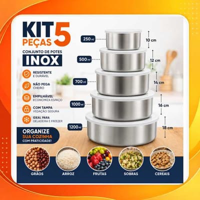 Kit 5 Potes Inox Com Tampa Redondo Porta Alimentos Cozinha Jogo Organizador Cozinha