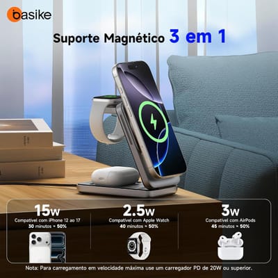 Basike Carregador indução 3 em 1 Magnético Dobrável Portátil, Luz Noturna