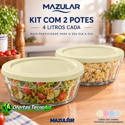 Kit 2 Potes Tigela de Vidro 4L com Tampa Plástica