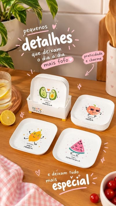 Kit 8 Pratos para Lanches e Frutas com Suporte Organizador - Design Fofo