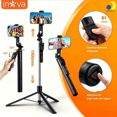 INOVA Tripé 3 em 1 Retrátil 190cm Gira 360° Com Controle Remoto Bluetooth
