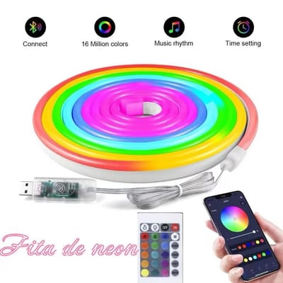 Fita De Led Neon bluetooth Rgb 5 Metros Iluminação Pontente Flexivel Com Controle Remoto Interface USB