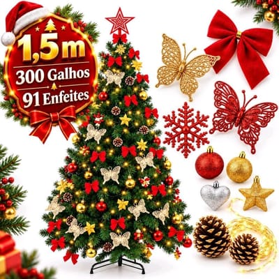 Kit Árvore de Natal 1,5m Cheia Decorada 300 Galhos Verde