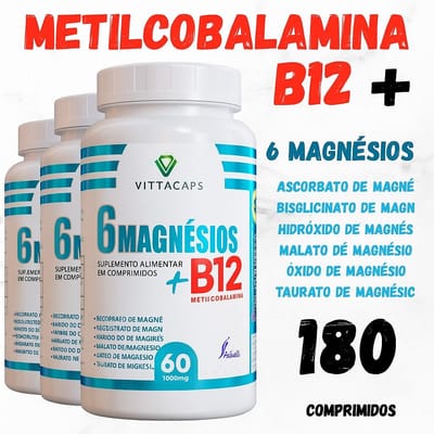 VITAMINA B12 METILCOBALAMINA +6 MAGNÉSIOS-AGORA EM 1 SÓ POTE | 60 CÁPSULAS 5OOmg O MAIS COMPLETO-6X1
