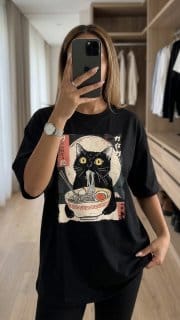 Camiseta Gato Ramen Japonesa Preta Camisa Estampa Oriental Anime Blusa Geek Criativa Blusinha Moderna Streetwear