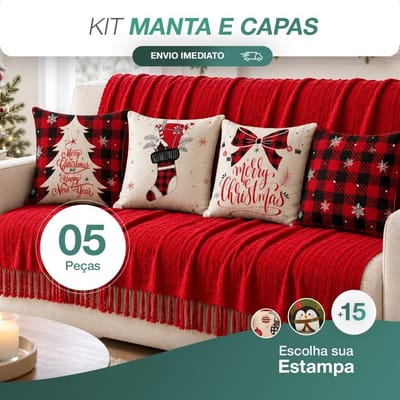 Kit Manta Decorativa P + 4 Capas de Almofadas Natalinas