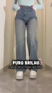Calça Jeans Feminina Wide Leg Cintura Alta com Glitter