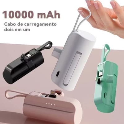 Carregador Portátil Mini Power Bank 10000mAh 2 Saídas Tipo‑C/Lightning