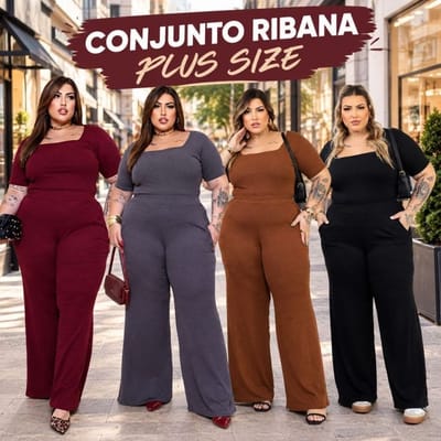 Conjunto Plus Size Feminino calça Pantalona e Blusa Decote Quadrado
