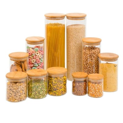 Kit 11 potes de vidro com tampa de bambu herméticos redondos