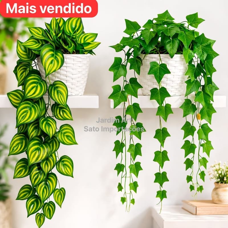 1 Planta Artificial Hera Ivy Pendente + Vaso Vime Trançado BRANCO Arranjo Decorativo Completo Suspenso PT11BRANCO