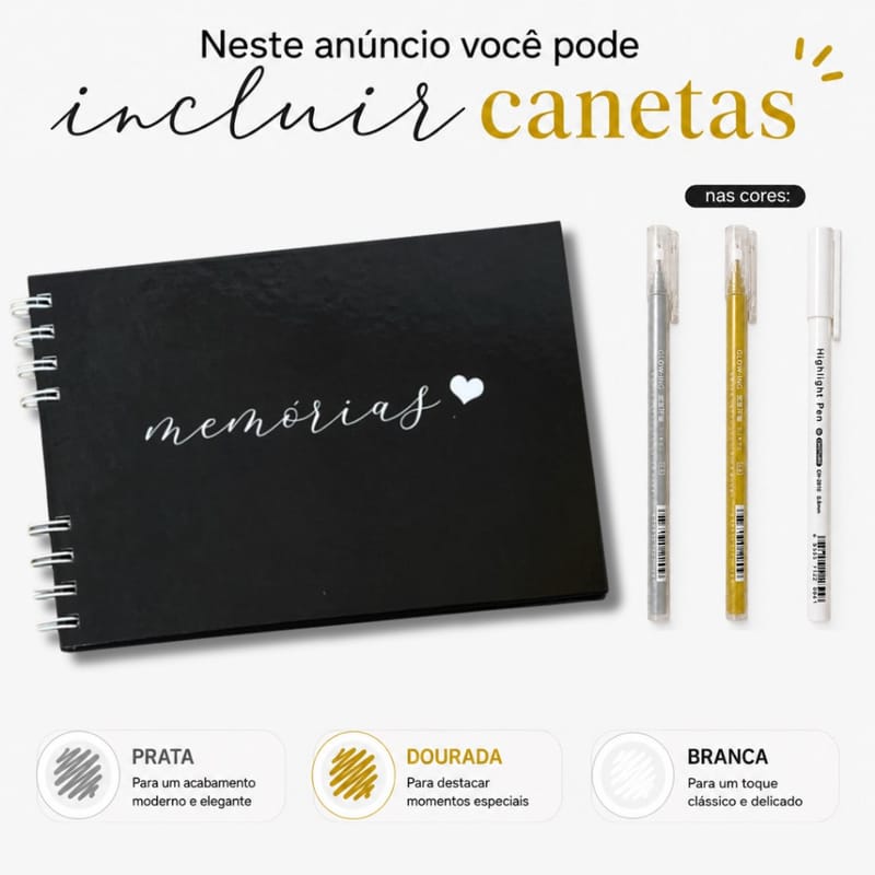 Caderno Scrapbook 15x21cm Preto Capa Dura Com Opção de Canetas de Gel | Álbum DIY Presente Criativo
