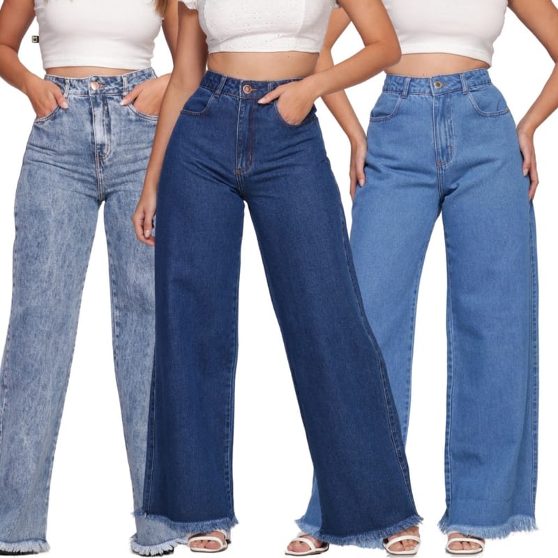 Calça Jeans Feminina Cintura Alta Wide Leg Com Bolso