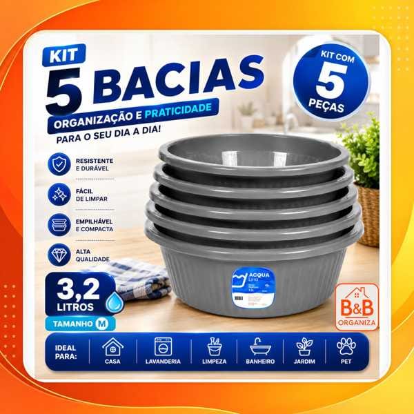 Kit 5 Bacias Multiuso 3,2L Plásticas Caneladas Redondas Reforçadas Para Cozinha Lavanderia Casa Jardim