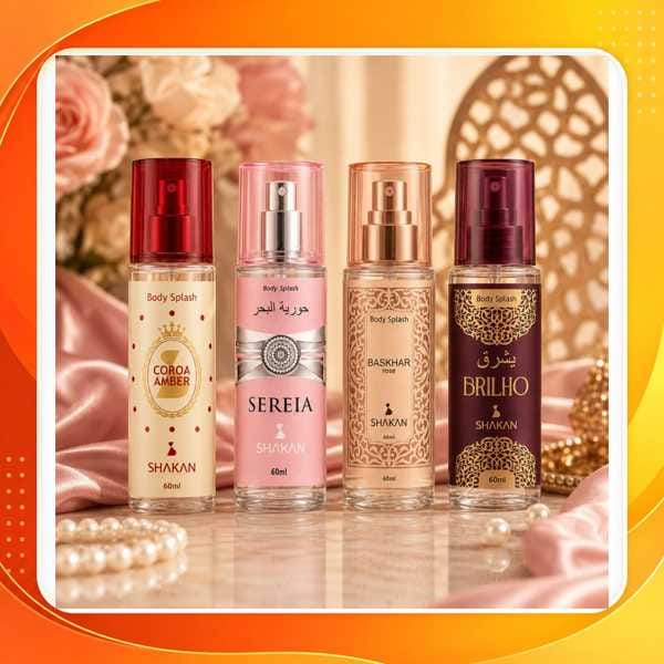 Kit Body Splash Feminino Arabe 60ml Shakan Coroa Amber Sereia Rubi Ametysta Presente Bolsa Ambarados